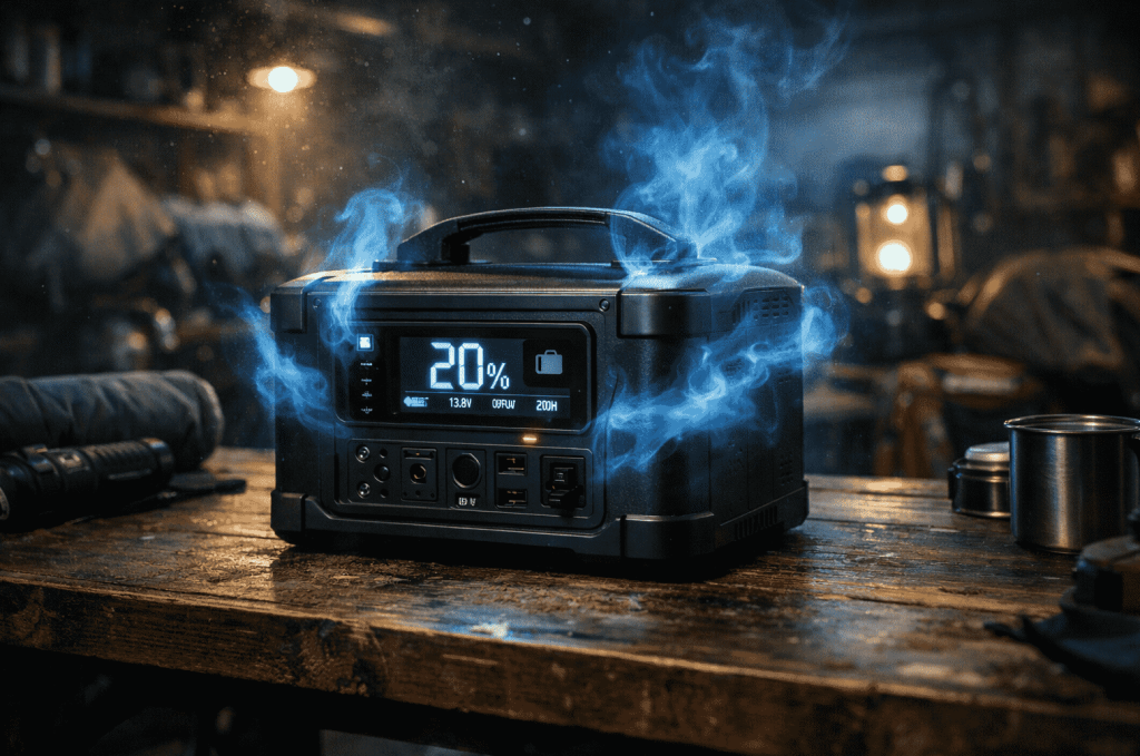 A portable power station on a workbench displaying only 20 percent battery, illustrating the problem of standby drain and self-discharge over time.