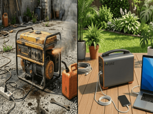 A side-by-side comparison of a rusty, noisy gas generator and a clean, silent Piforz portable power station on a wooden deck.