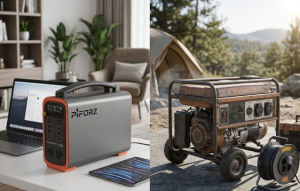 A side-by-side visual comparison of a power station VS generator, showing a clean Piforz portable power station safely running indoors on a desk, next to a traditional gas generator placed outdoors at a campsite.