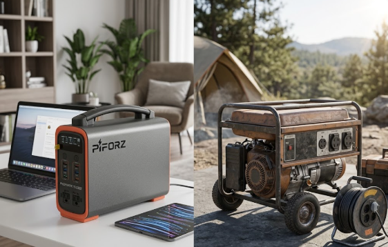 A side-by-side visual comparison of a power station VS generator, showing a clean Piforz portable power station safely running indoors on a desk, next to a traditional gas generator placed outdoors at a campsite.