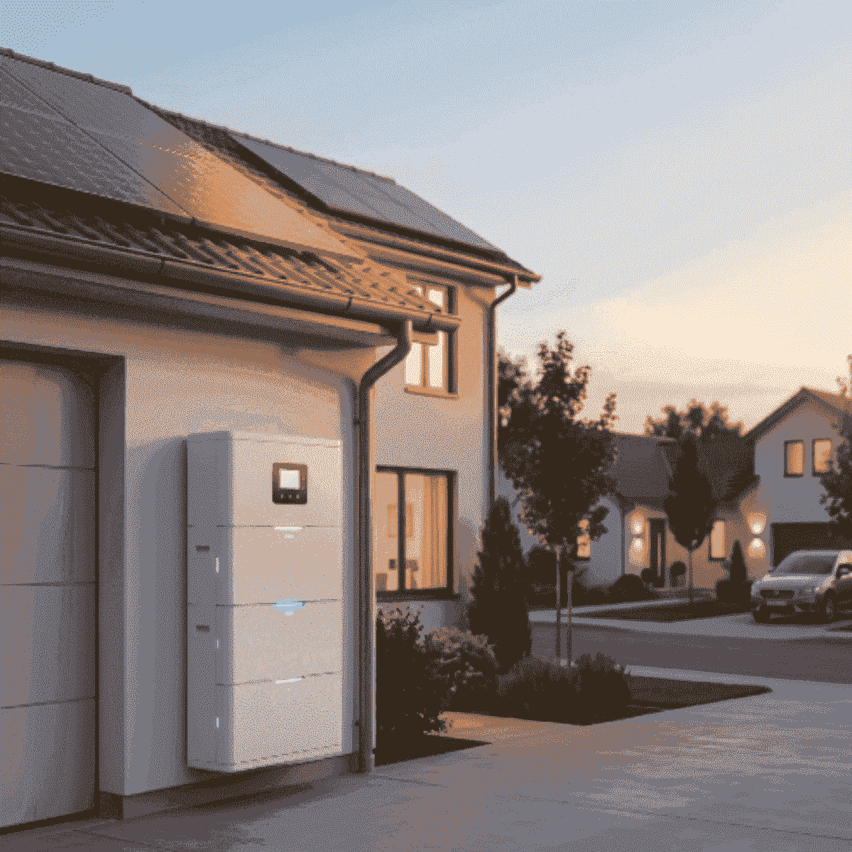 A modern white stackable home energy storage battery installed on a garage wall under a rooftop solar array during sunset, showing integrated solar and storage solution.