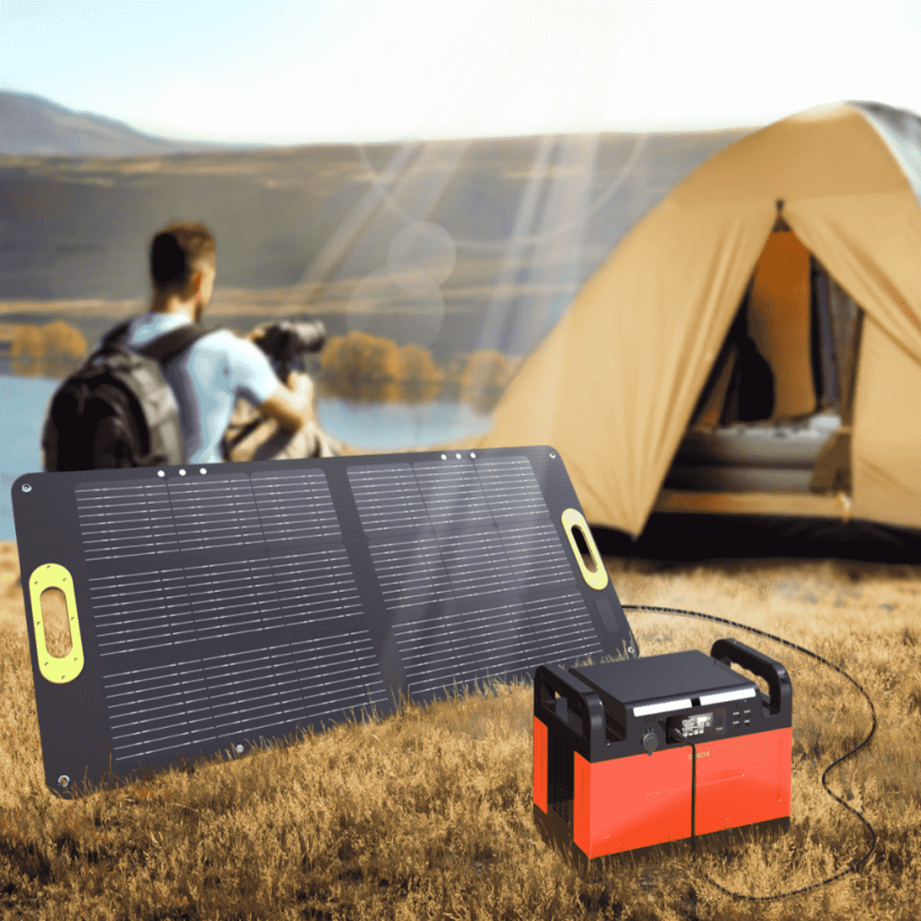 The infographic shows solar panels, wall outlets, and car chargers connected to the power station.