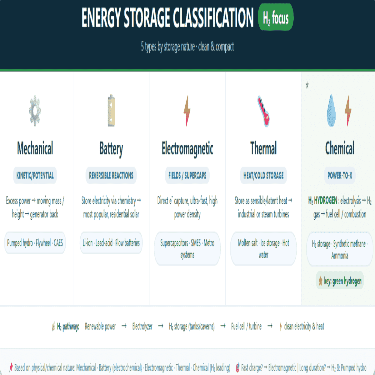 A comprehensive infographic showing 5 types of energy storage: mechanical, battery, electromagnetic, thermal, and chemical with H2 focus.