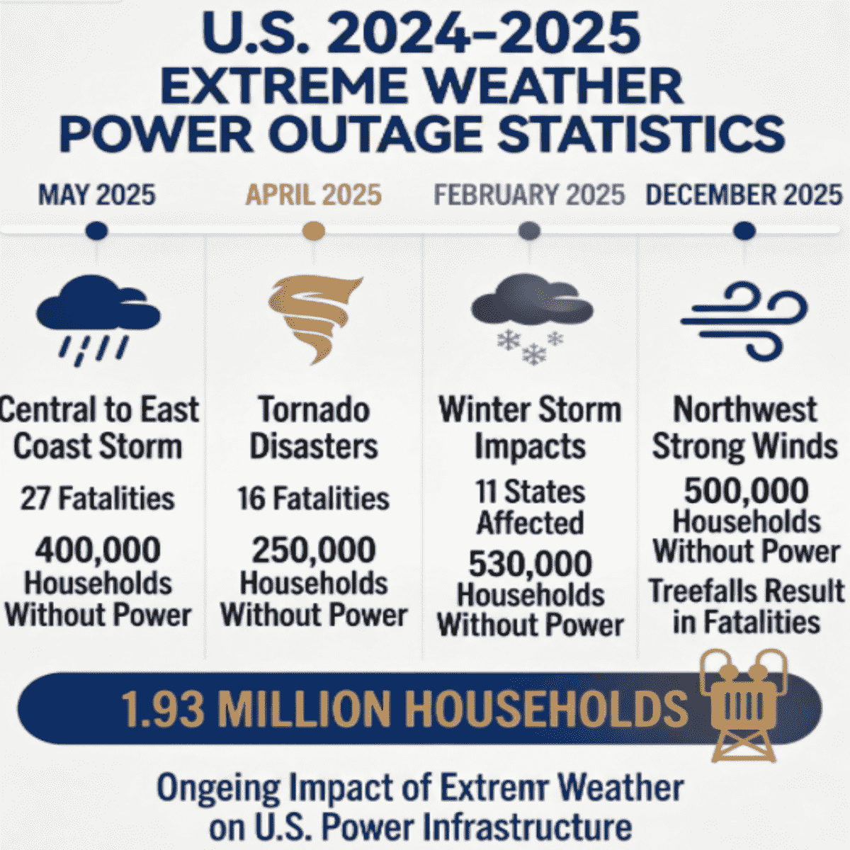 Infographic showing U.S. power outage statistics from 2024 to 2025 caused by extreme weather, affecting over 1.93 million households.