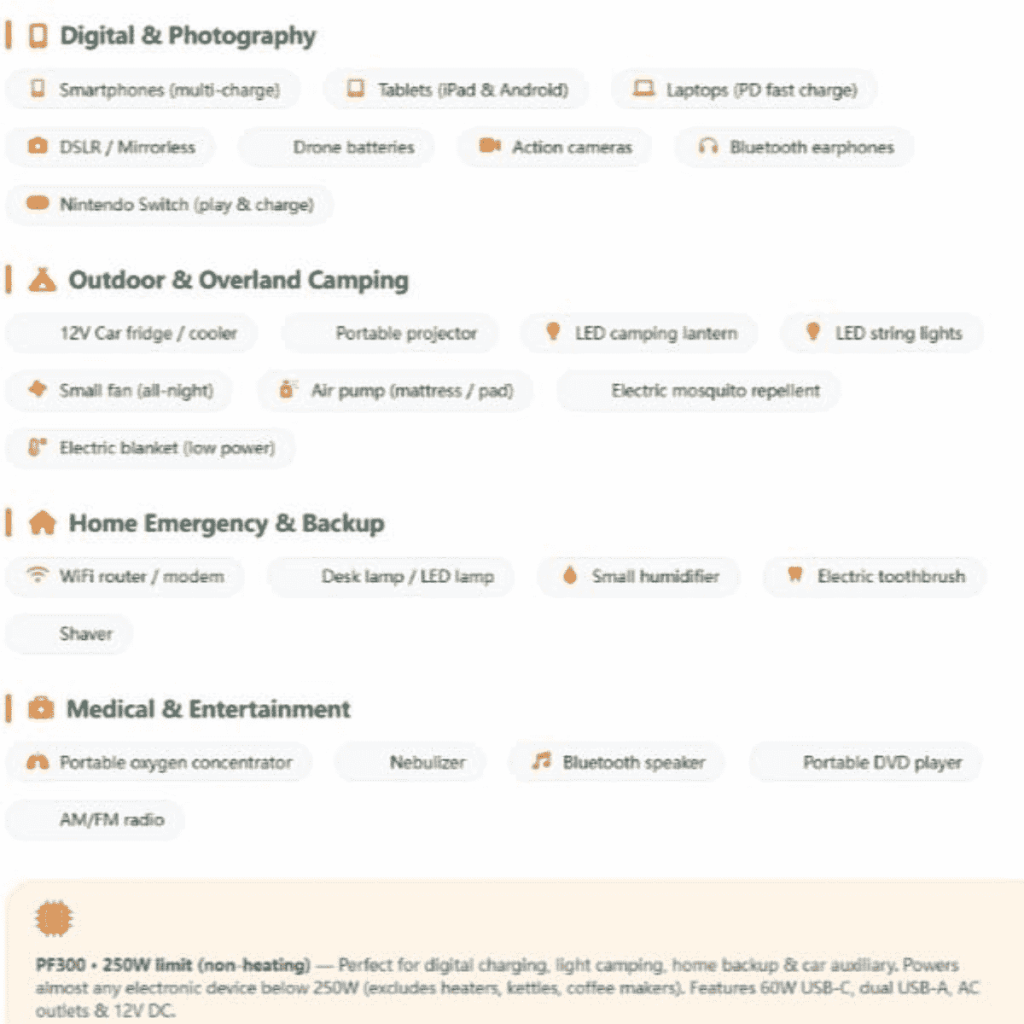 Detailed infographic listing devices compatible with a 300W power station, including CPAP machines, laptops, drones, and outdoor camping gear.
