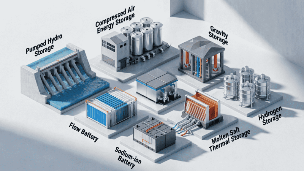 Illustrated diagram explaining the principles of the five main energy storage types: electrochemical, mechanical, thermal, chemical, and electromagnetic