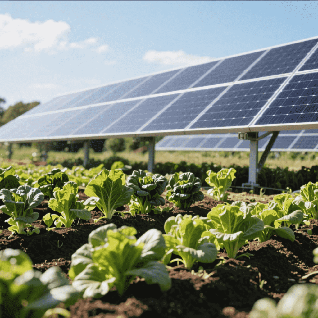 Rows of solar panels above crops, showing how commercial farms use photovoltaics for solar energy savings.