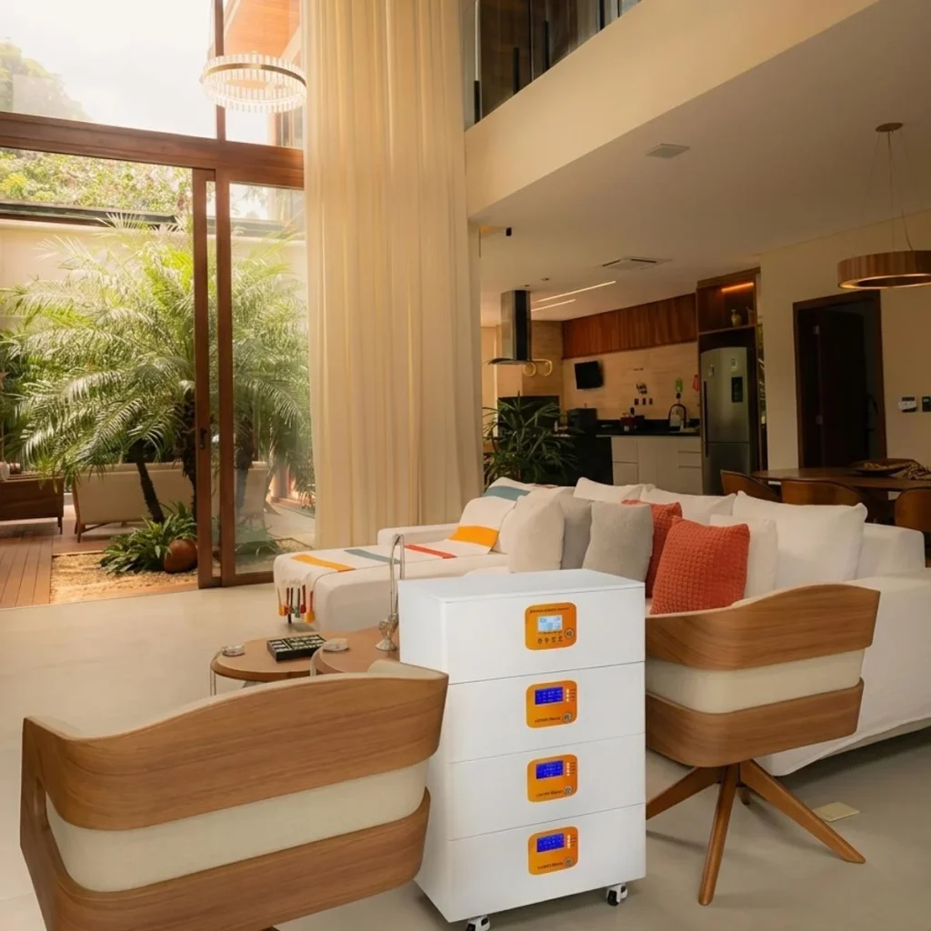 A 4-module white ESS system on wheels located in a bright, luxury open-concept living room and kitchen. The energy storage unit is positioned as a functional furniture-like appliance for smart home energy management.