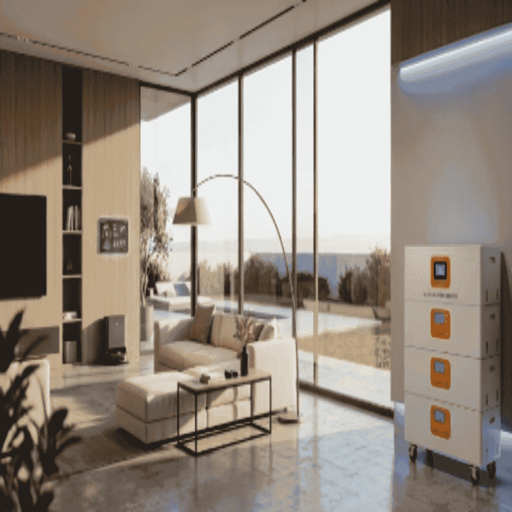 A modern living room featuring an all-in-one stacked 10kWh lithium-ion battery storage system and a wall-mounted smart control panel.