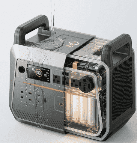 A cross-section view of a waterproof portable power station showing internal components, LiFePO4 battery cells, and IP67 water resistance during a water pour test