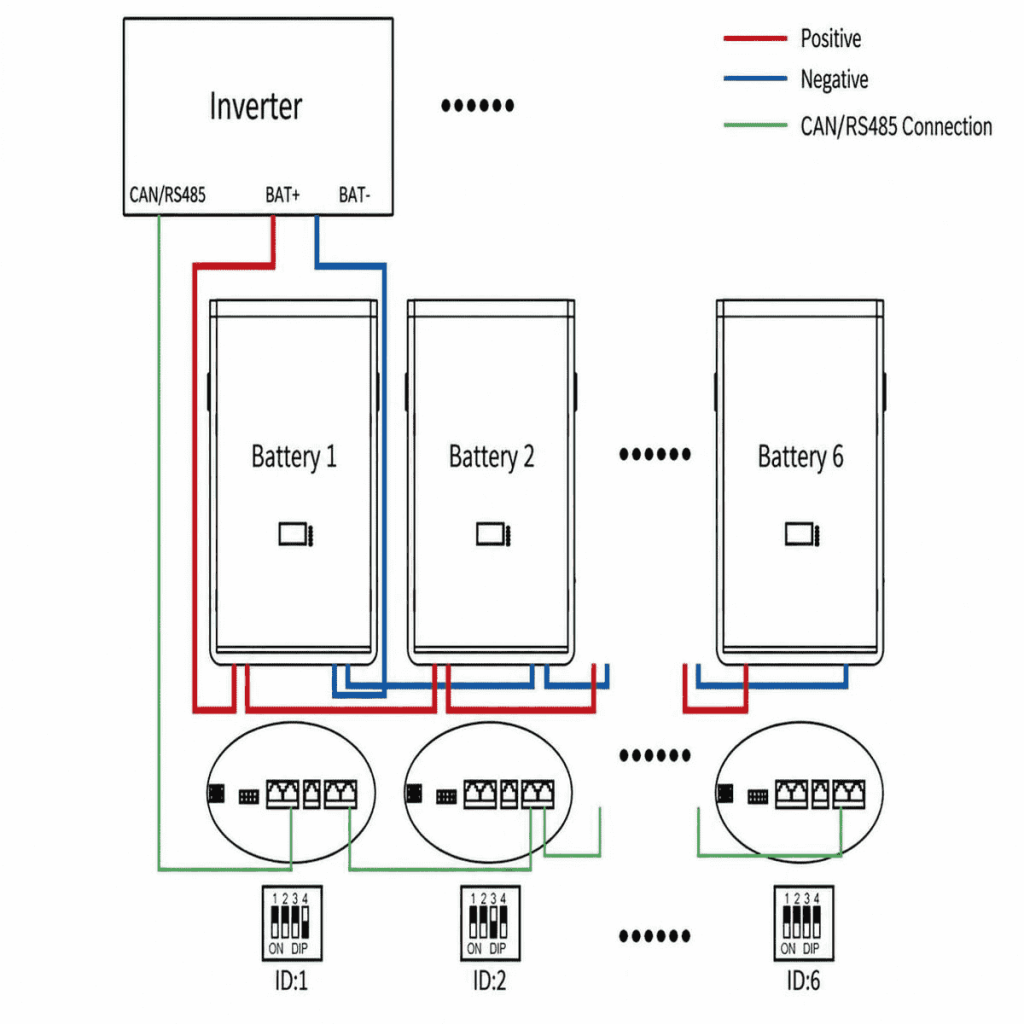 Technical diagram of a battery energy storage system design showing BESS connections between batteries, inverters, and control units. It illustrates the integration of solar panels and power grids, providing a clear guide for energy storage system architecture and component connectivity in residential and commercial applications.