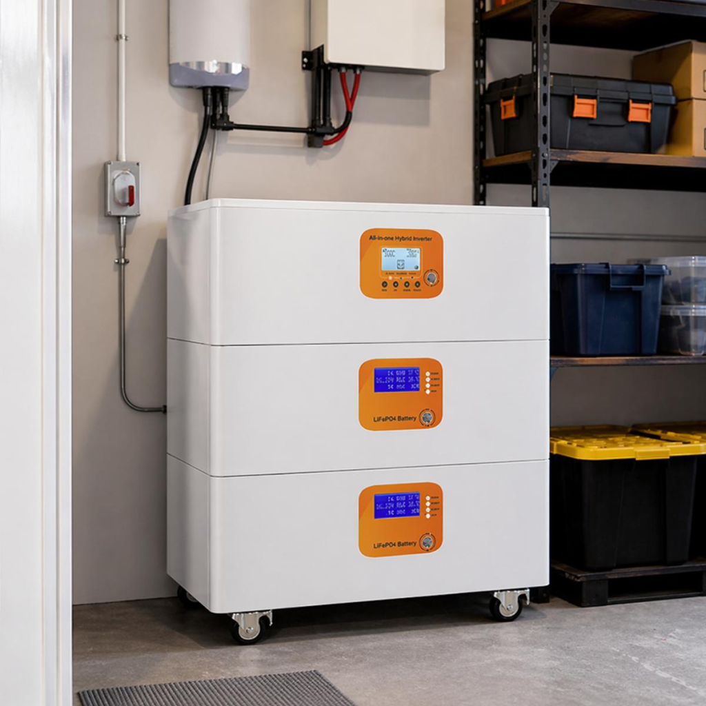 A battery energy storage system design featuring a sleek power unit installed in a clean storage room. This BESS setup provides essential home backup power and energy management, illustrating a practical application of residential energy storage for homeowners seeking power security and optimized solar energy usage in a compact indoor environment.