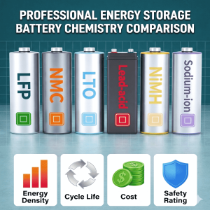 A visual comparison of professional BESS battery chemistries including LFP, NMC, LTO, Lead-acid, NiMH, and Sodium-ion based on energy density and cycle life.
