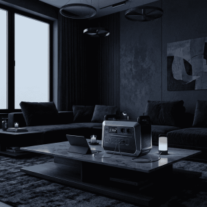 Portable battery backup powering devices in living room during power outage