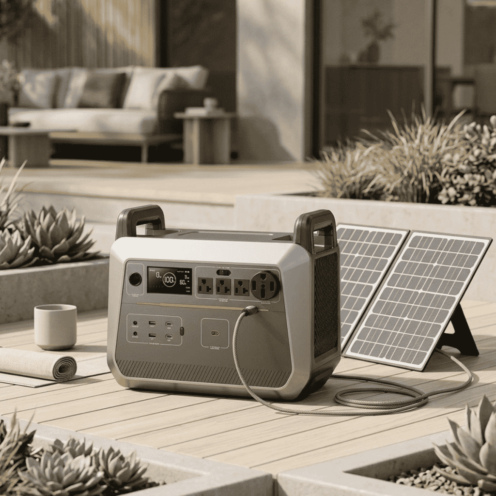Solar-charged battery backup system for power outage and outdoor use