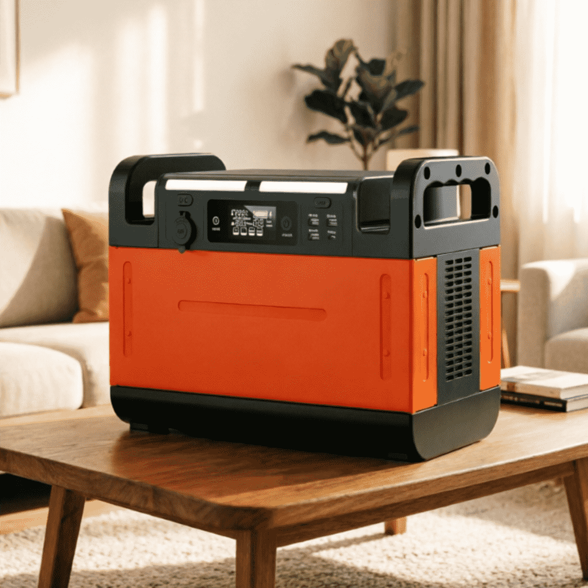 An orange PIFORZ portable power station on a living room table, serving as the best home battery backup without solar for outages.