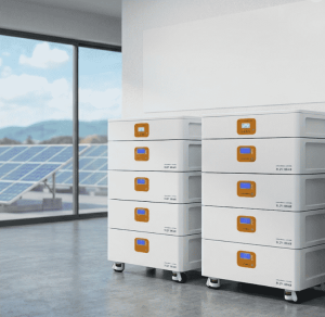 Stacked lithium solar battery backup systems installed inside a home with rooftop solar panels visible outside the window