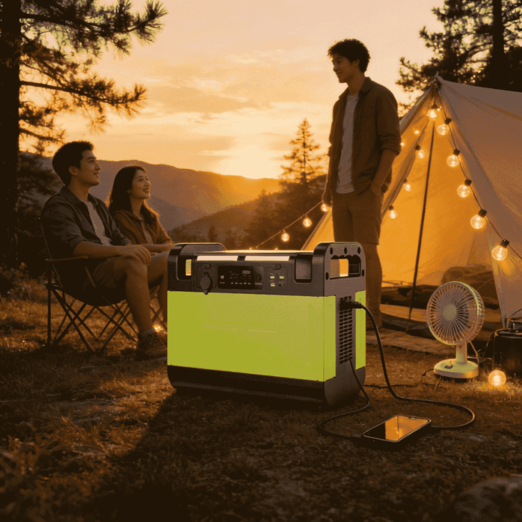 A bright solar generators portable powering a fan and charging a phone at a sunset campsite