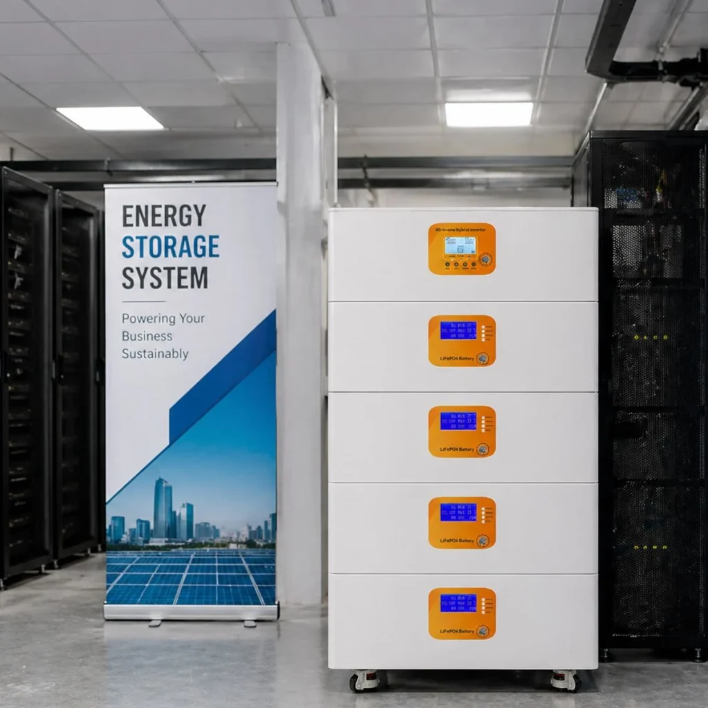 A professional 5-tier stacked ESS system in a data center or warehouse environment. The unit includes a top-mounted hybrid inverter and four high-capacity battery modules, positioned next to an "Energy Storage System" promotional banner.