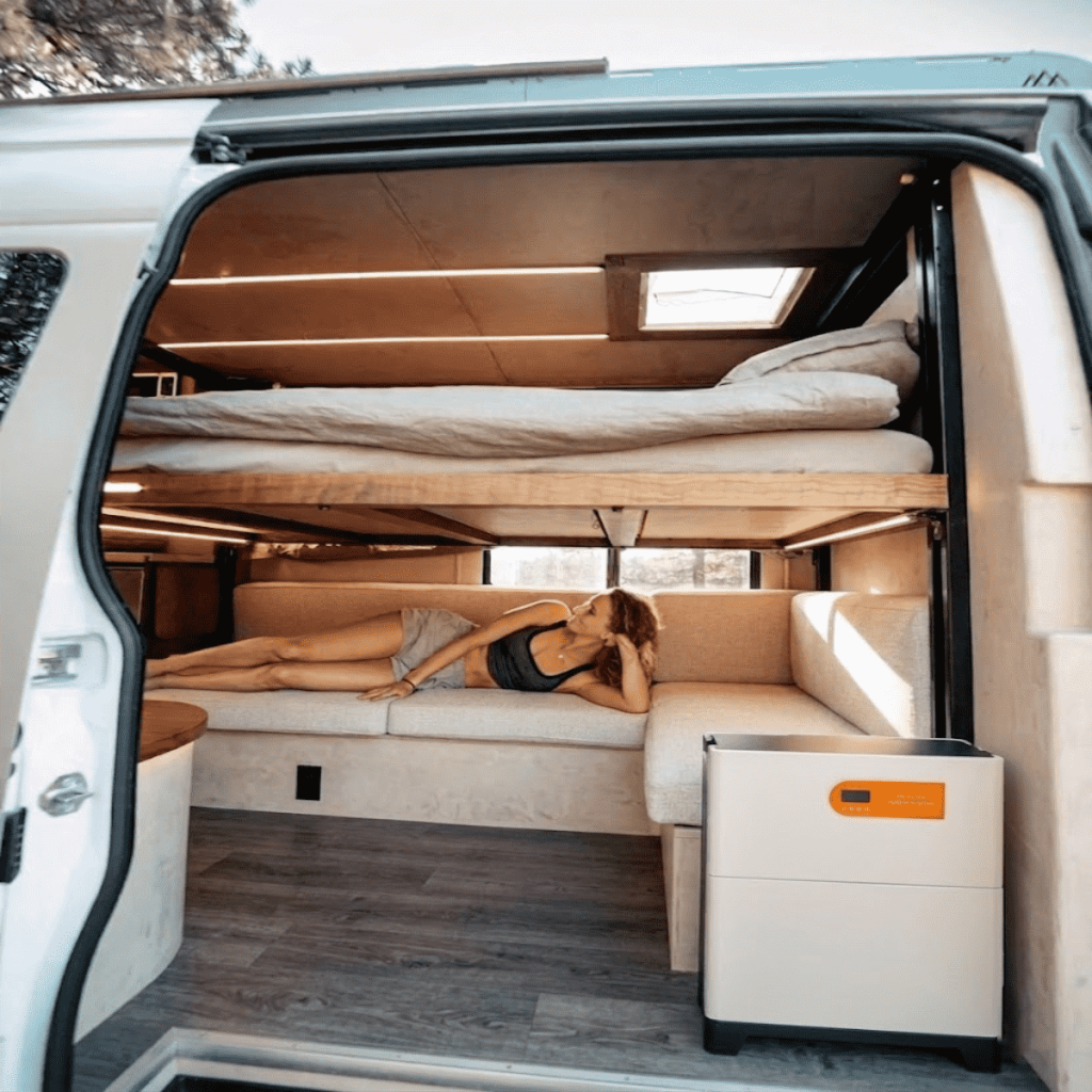 A compact and portable off-grid solar power system installed inside a modern camper van, providing quiet and pollution-free energy for mobile living. 