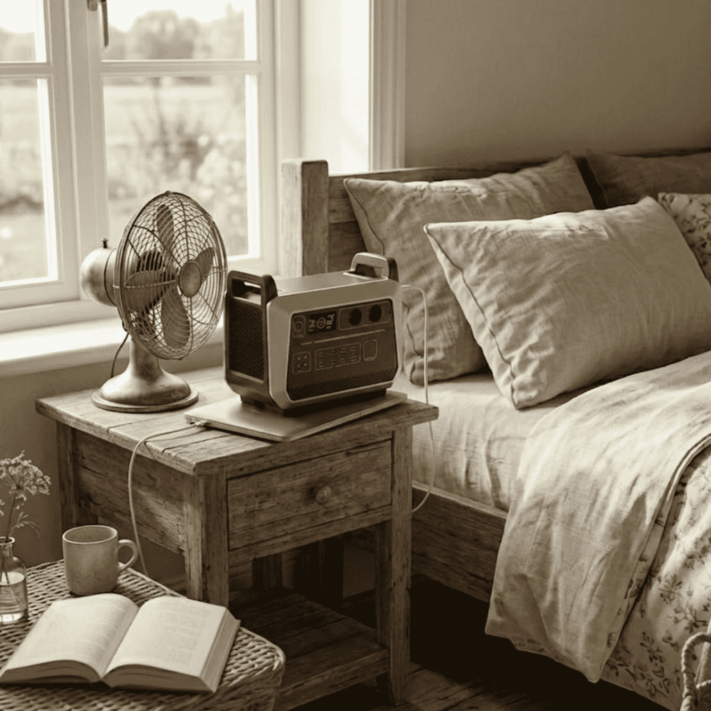 Portable emergency power supply charging laptop and powering fan in bedroom
