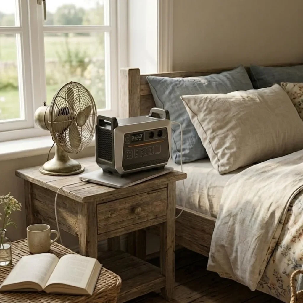 Portable emergency power supply charging laptop and powering fan in bedroom
