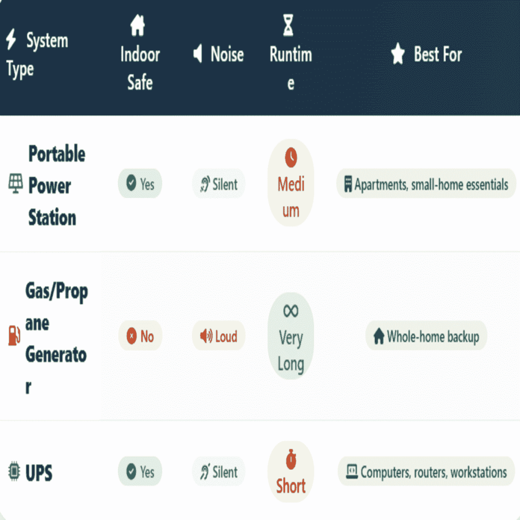 Comparison of portable power station, generator and UPS for emergency home power supply