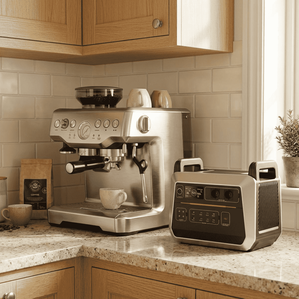 Portable emergency power supply powering the coffee machine in kitchen, backup for home essentials