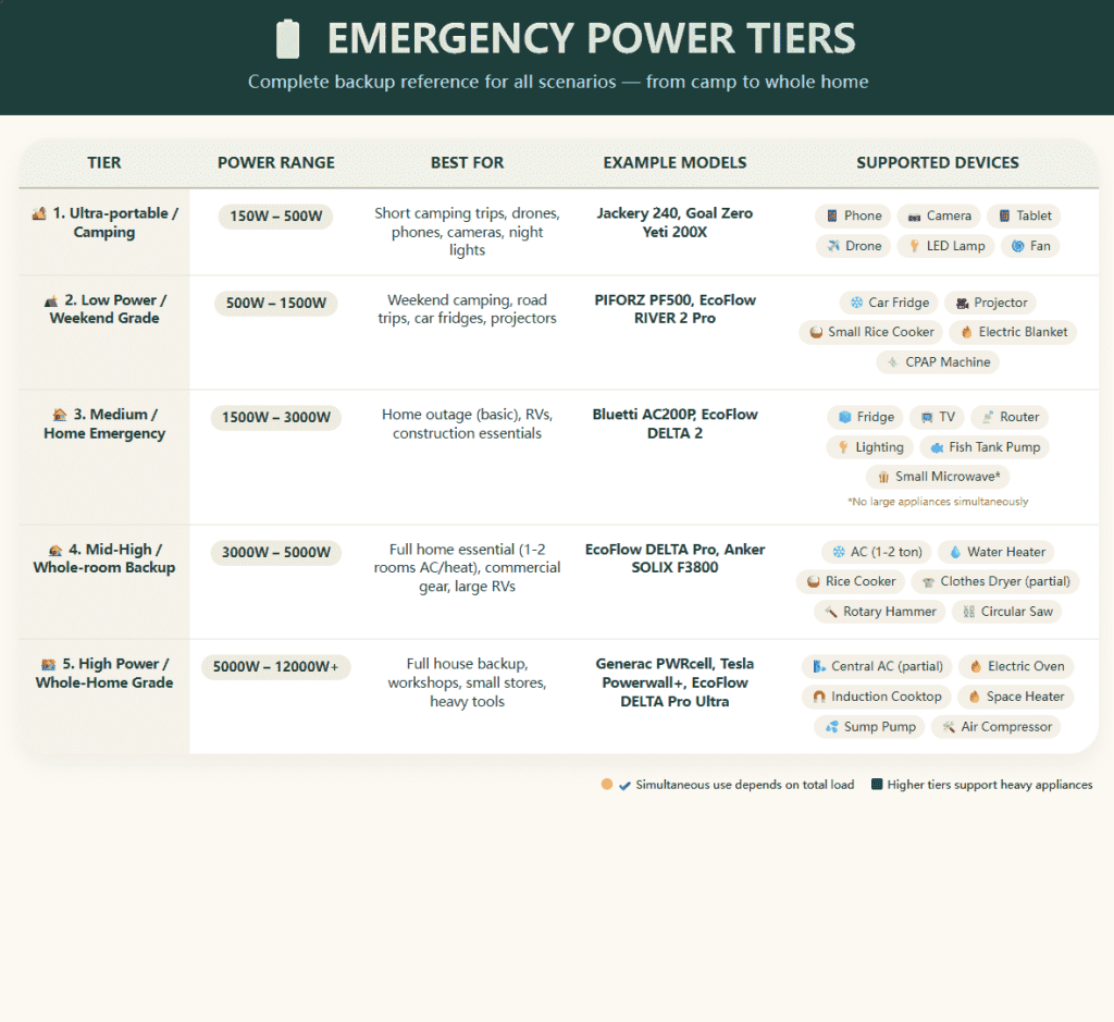 An infographic table showing 5 tiers of emergency power from 150W camping level to 12000W+ whole-home grade.
