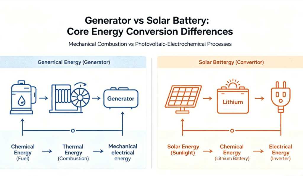 A scientific diagram comparing the energy conversion methods of a generator vs solar battery system. The layout explains how fuel combustion creates mechanical electricity, compared against the photon-driven electron flow in solar cells and lithium-ion batteries, ideal for users researching technical differences in energy storage