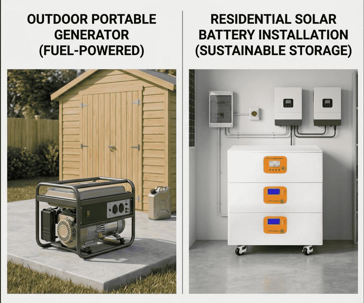 A direct visual comparison of a generator vs solar battery backup system for homes. The image displays a portable fuel generator and an indoor-mounted lithium battery storage unit, helping homeowners visualize the design and installation differences between these two popular emergency backup power solutions