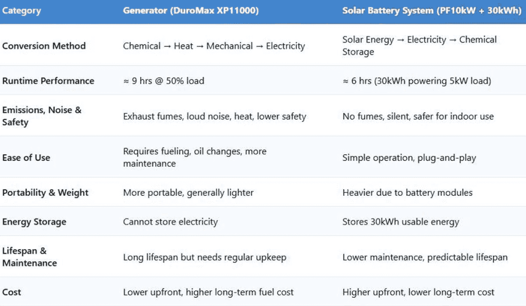 A detailed pros and cons comparison chart for a generator vs solar battery system. This infographic simplifies the choice for homeowners by summarizing key differences in maintenance, operational costs, lifespan, and safety features, serving as a quick reference guide before purchasing backup power