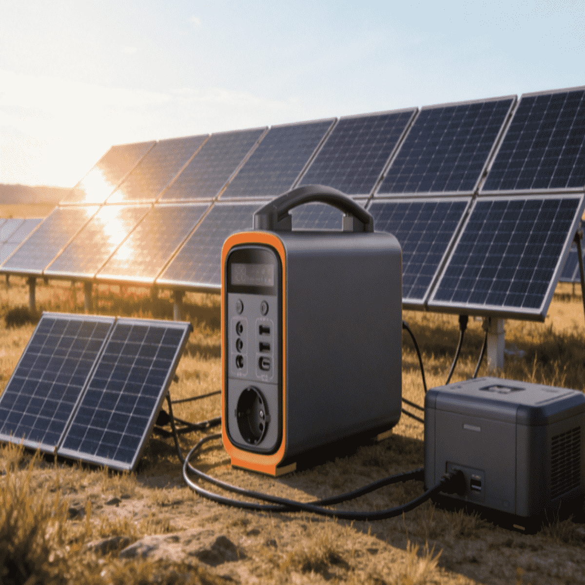 A large black and orange solar powered emergency generator sitting outdoors, connected to deployed solar panels charging in the sun.