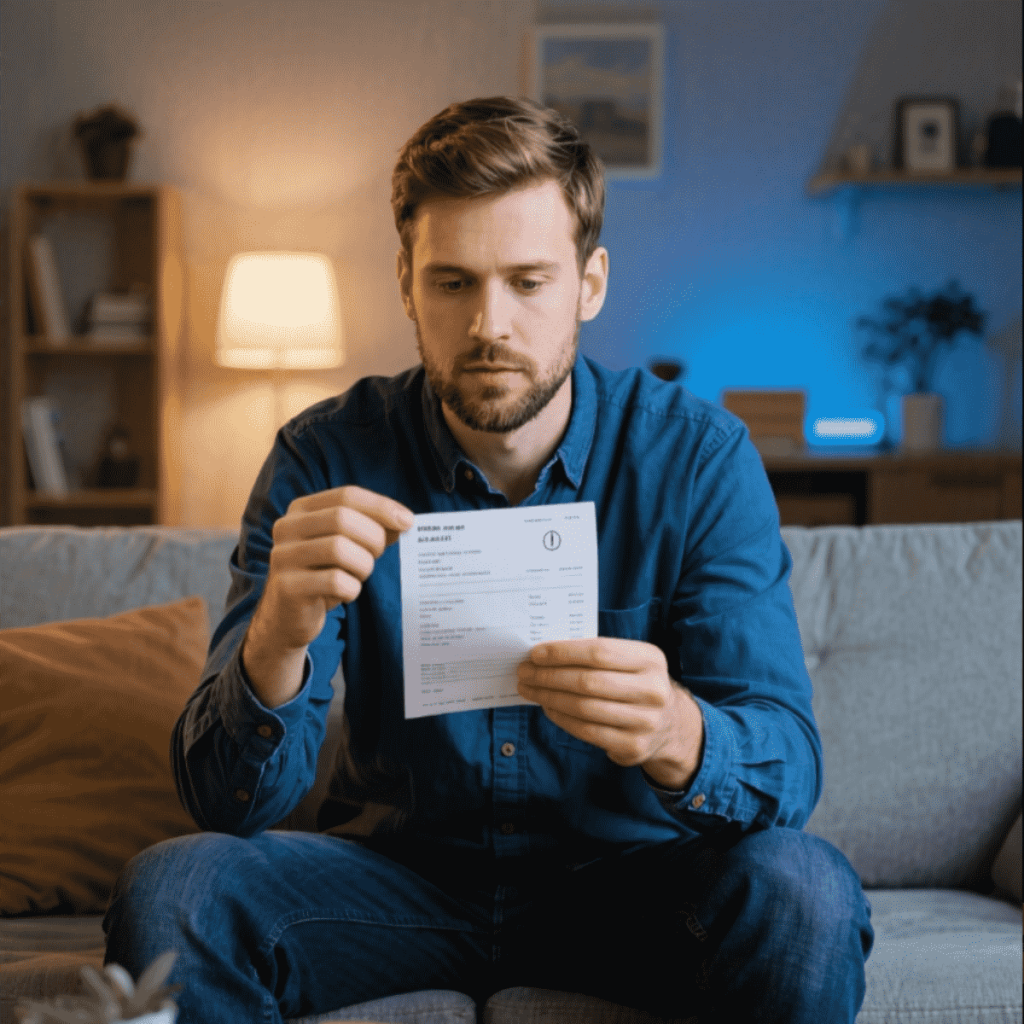 A confused man looking at a high electric bill, highlighting the need to understand billing for solar energy savings.