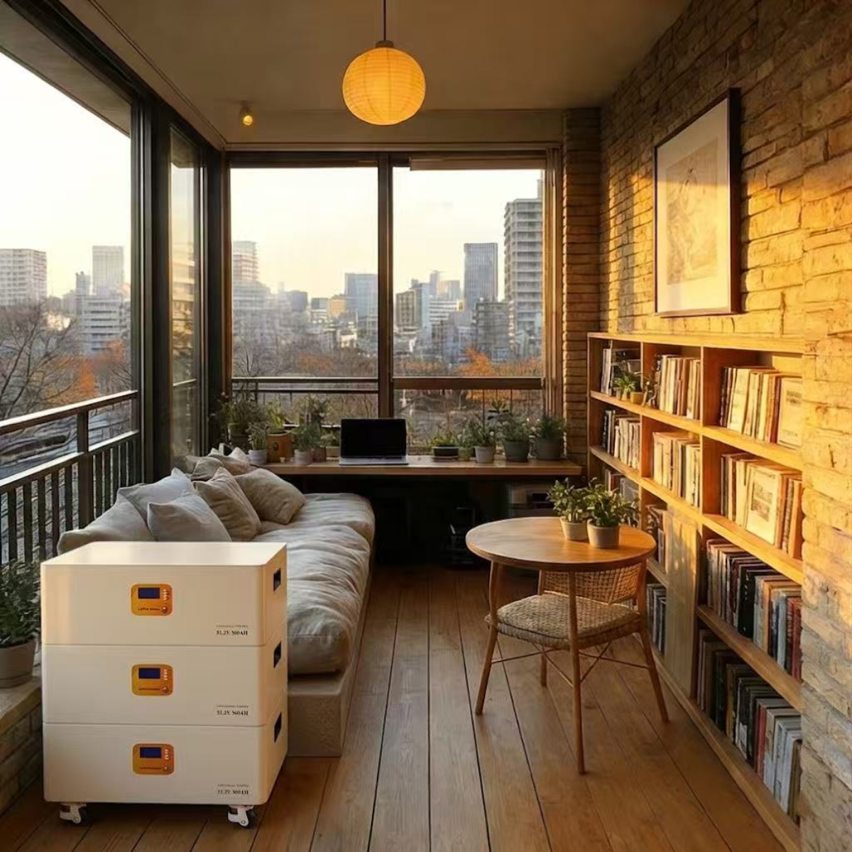 A modern Piforz modular battery backup system standing elegantly in a living room, providing uninterrupted power to a smart home ecosystem during a grid failure.