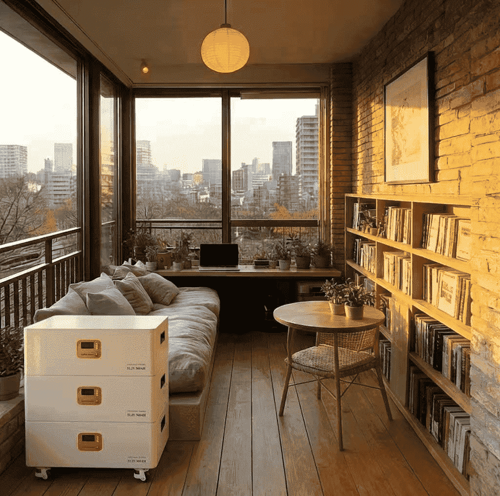 A modular, white home battery backup system operating without solar panels, placed next to a sofa in a modern apartment balcony living room