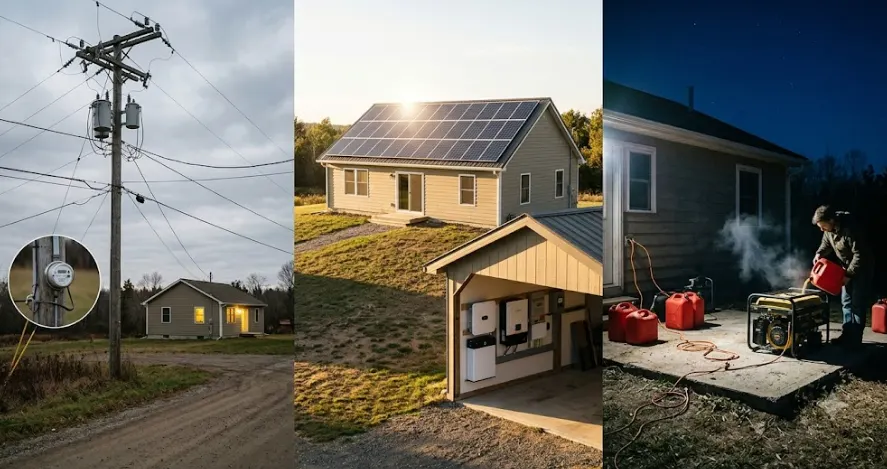 A three-panel real-world comparison of residential power sources: a house tied to the traditional public grid with power lines, a modern home powered by DIY off-grid rooftop solar panels with a LiFePO4 battery storage system, and a house running on a noisy fossil fuel backup generator.