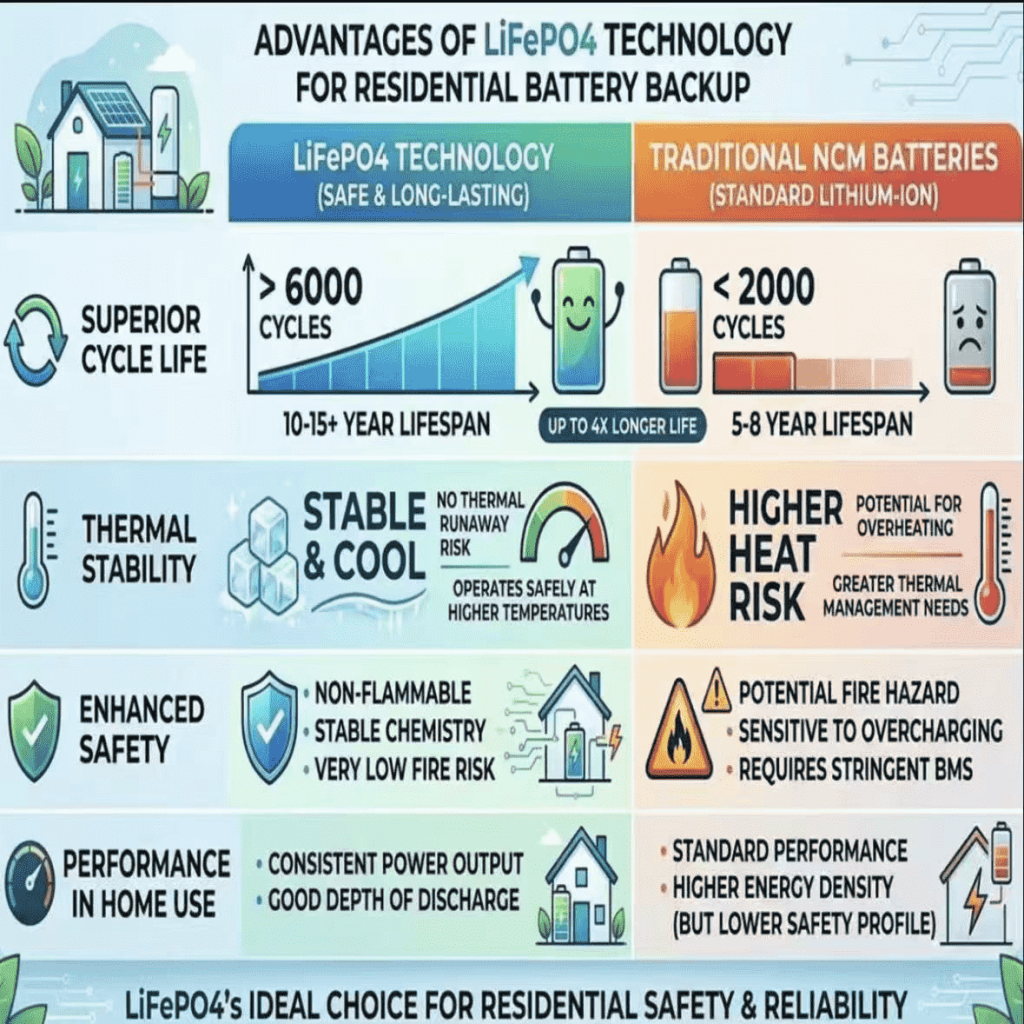 Comparison chart of different chemistries in a lithium battery backup. It highlights the safety and long cycle life of LiFePO4 batteries, which are the preferred choice for reliable and durable home energy storage systems and portable power stations.