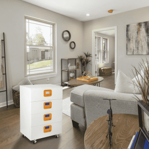 A modern lithium battery backup for home installed indoors. This reliable energy storage system is designed to provide seamless backup power during outages, ensuring that essential home appliances stay running with a high-capacity lithium battery solution.