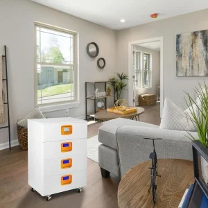 A modern lithium battery backup for home installed indoors. This reliable energy storage system is designed to provide seamless backup power during outages, ensuring that essential home appliances stay running with a high-capacity lithium battery solution.