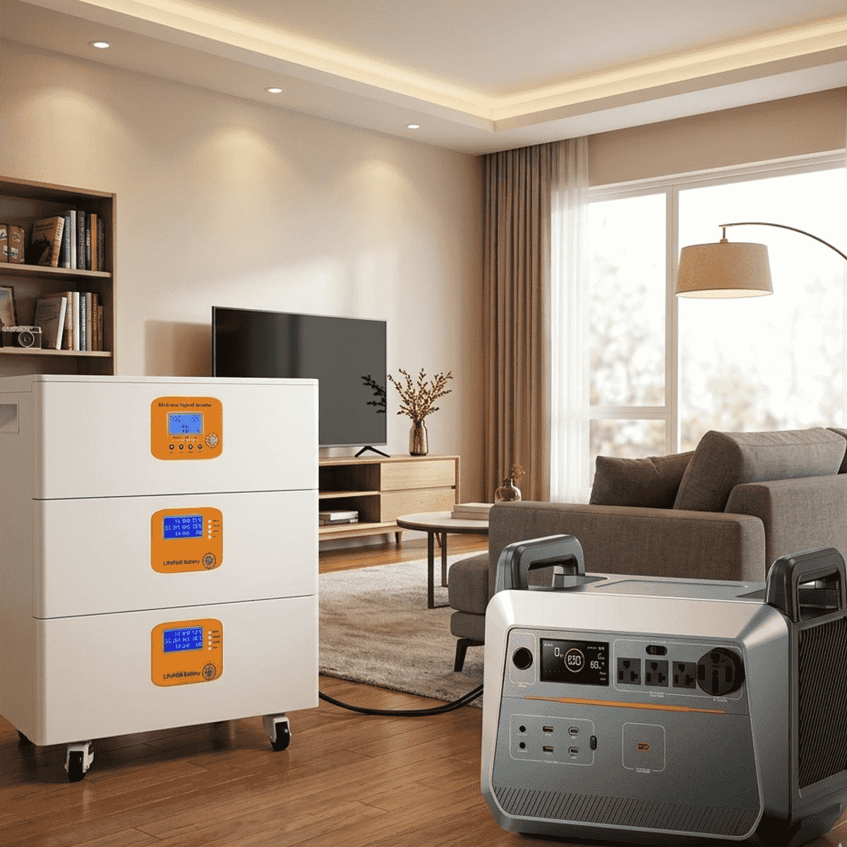 A high-capacity lithium battery backup system installed on a wall inside a modern home storage room. This sleek energy storage setup represents a practical whole-house backup power solution, demonstrating how residential emergency battery systems fit efficiently into indoor utility spaces for reliable power security during an unexpected outage