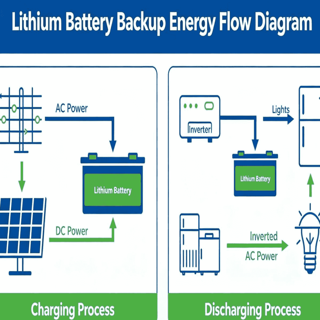  A detailed diagram of a lithium battery backup system design. It illustrates the energy flow between solar panels, the power grid, and the battery unit, showing how the inverter converts stored DC energy into AC power for home use during a blackout