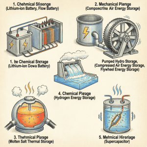 3D illustration of major long-duration energy storage facilities, including pumped hydro, compressed air, flow batteries, and hydrogen storage.