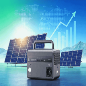 Solar generators portable with solar panels and an upward global growth chart showing market trends.