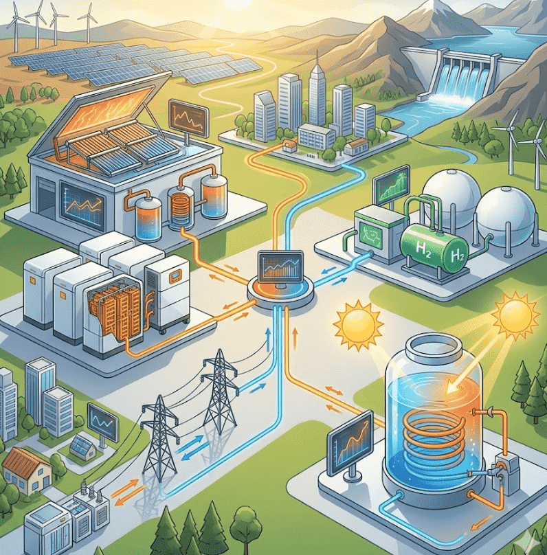 Illustrated diagram showing methods of storing solar energy, including electrochemical battery, thermal storage, mechanical pumped hydro, and chemical green hydrogen.