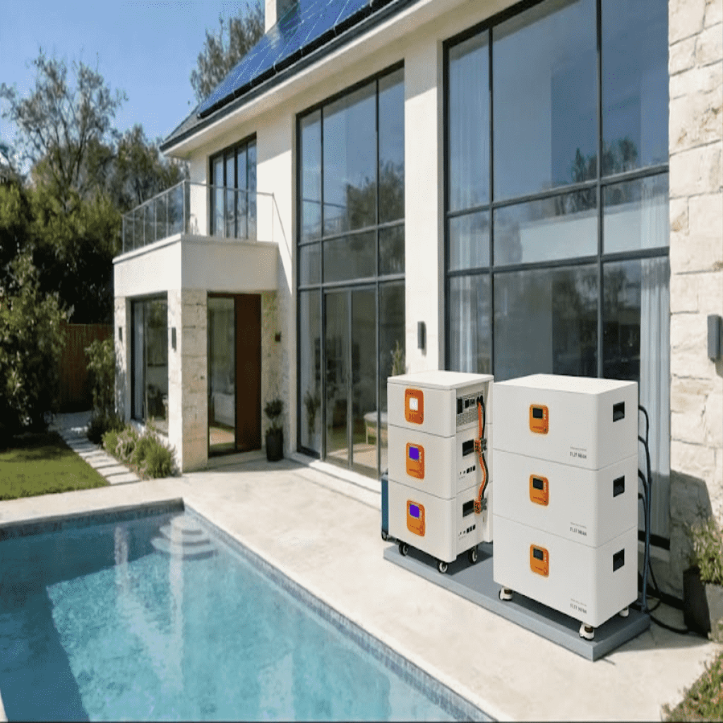 A high-end modular off-grid solar battery system stacked neatly outside a modern home, demonstrating scalable, appliance-like energy storage.