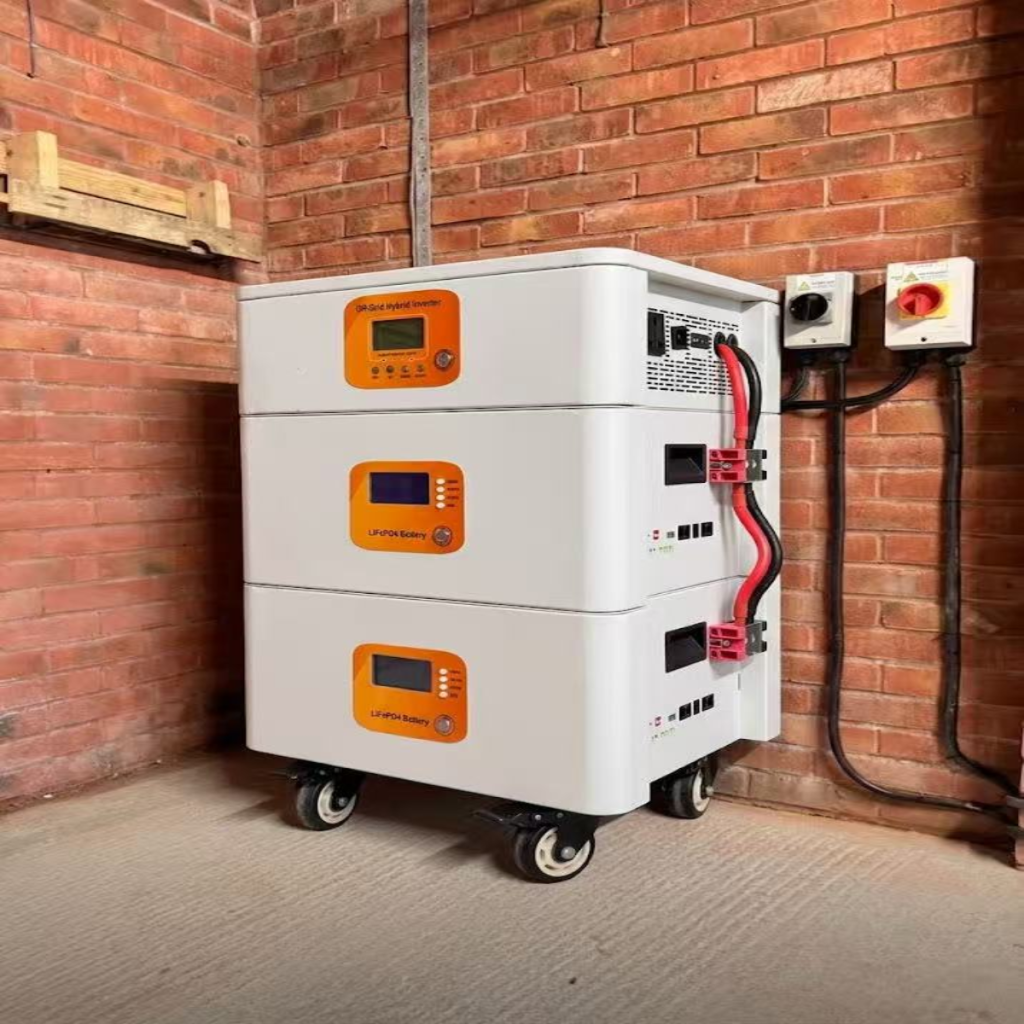 Close-up of a stackable LiFePO4 battery module being added to a home energy system, demonstrating the DIY "Lego-style" expansion for increased capacity.