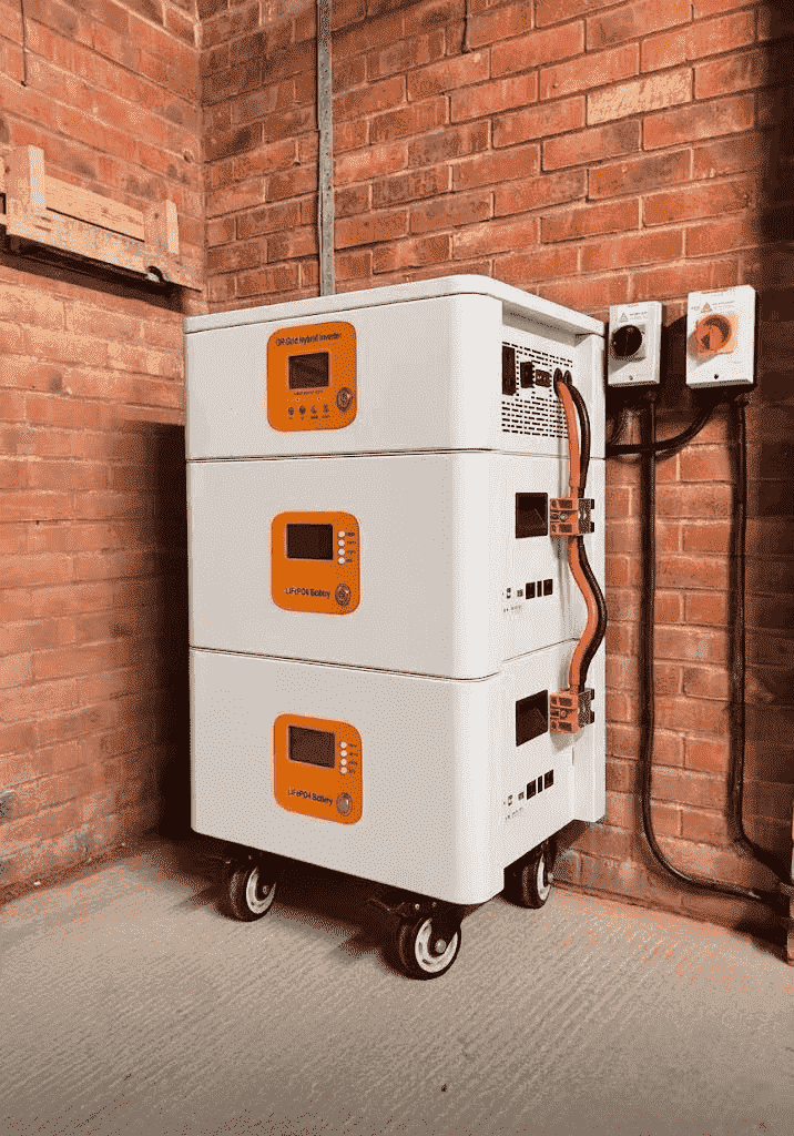 A close-up shot of a Piforz modular stackable battery system on wheels, featuring a vertical ground-stacked design and blind-mate heavy-duty power connectors
