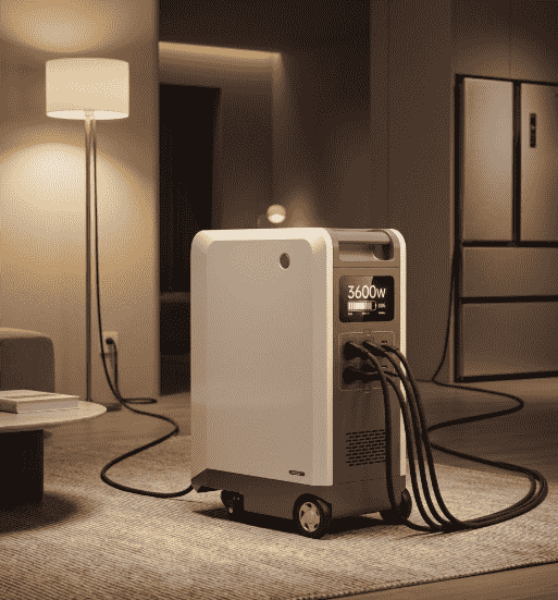 A Piforz PF3600 portable power station connected to a refrigerator and lamp in a living room