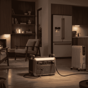 high-capacity Piforz portable power station powering a refrigerator and a space heater in a modern living room during a power outage.